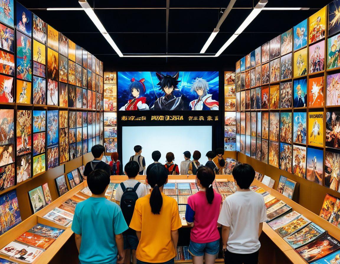 A lively scene depicting a diverse group of anime fans passionately discussing their favorite shows, surrounded by colorful anime posters and merchandise. Include elements like manga books, figurines, and a large screen displaying popular anime scenes. Capture the essence of connection and enthusiasm with bright colors and cheerful expressions. super-realistic. vibrant colors. dynamic composition.
