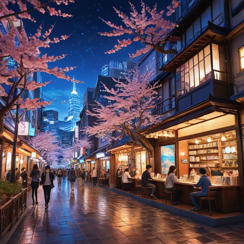 An immersive scene showcasing a lively anime universe, filled with diverse characters in dynamic poses, interacting with vibrant backgrounds that include iconic elements like cherry blossoms, futuristic cityscapes, and cozy Japanese cafes. Feature a collage of trending anime styles and a glowing 'guide' book in the foreground, enticing viewers to dive deeper. The color palette should be bright and engaging, embodying the energetic spirit of anime. super-realistic. vibrant colors. dynamic composition.