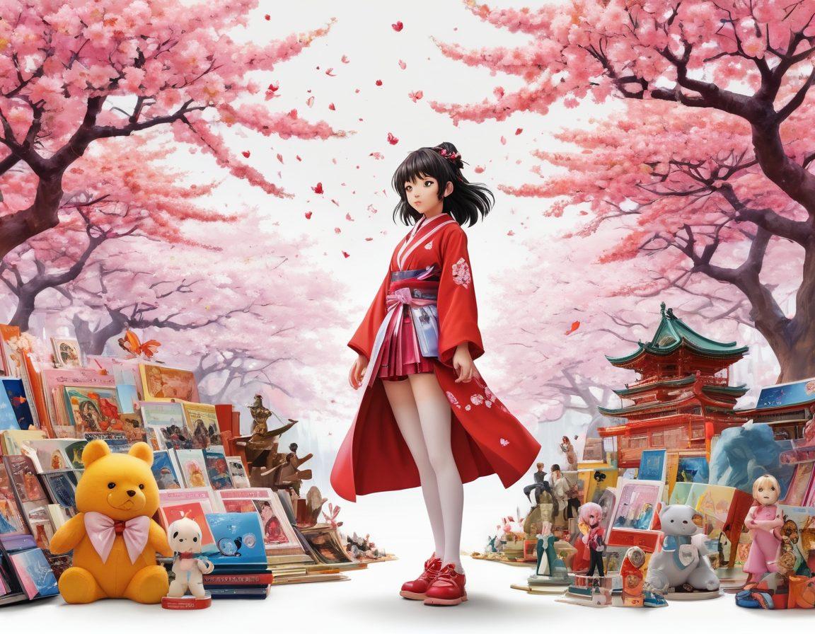 A dynamic collage showcasing iconic anime characters from various genres, surrounded by vibrant elements symbolizing fantasy and adventure, such as cherry blossoms and stars. Include a review book in the foreground with scattered anime merchandise like figurines and posters. The overall composition should exude excitement and be visually engaging for anime enthusiasts. vibrant colors. digital art. white background.